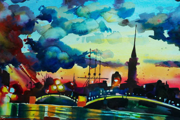 水彩景观与圣彼得堡的观点图片下载