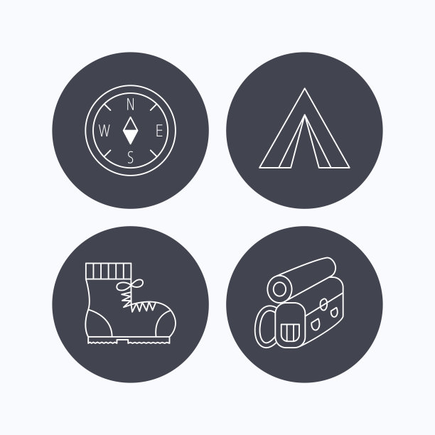 指南针，露营帐篷和登山靴的图标。图片下载