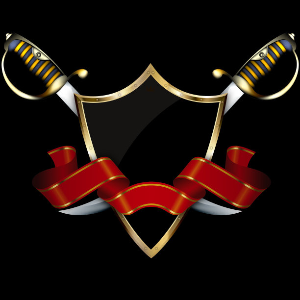 黑色盾牌与红丝带和军刀。图片下载