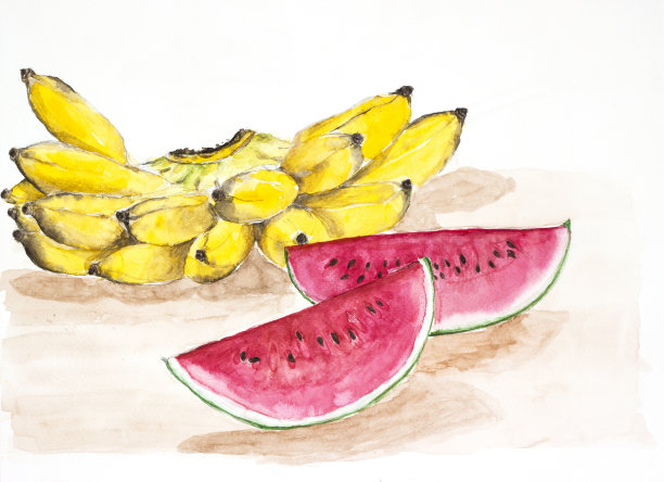 香蕉西瓜水彩画图片下载