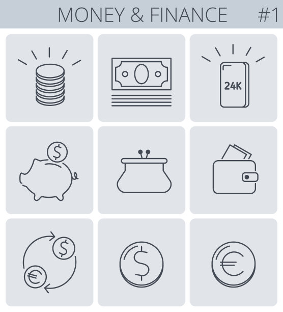 货币和金融线符号。矢量瘦轮廓图标集。图片下载