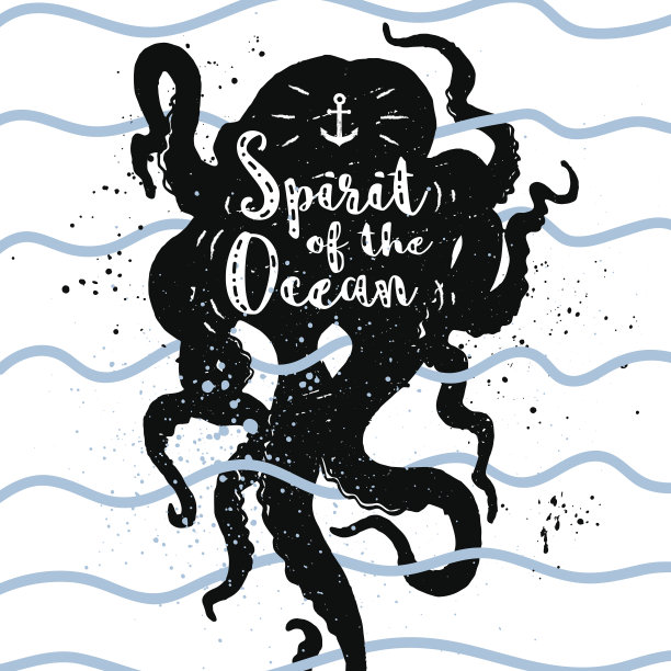 手绘复古徽章章鱼和字母。图片下载