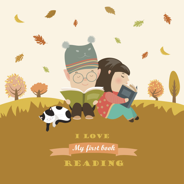 孩子们在秋天的草地上读书素材图片