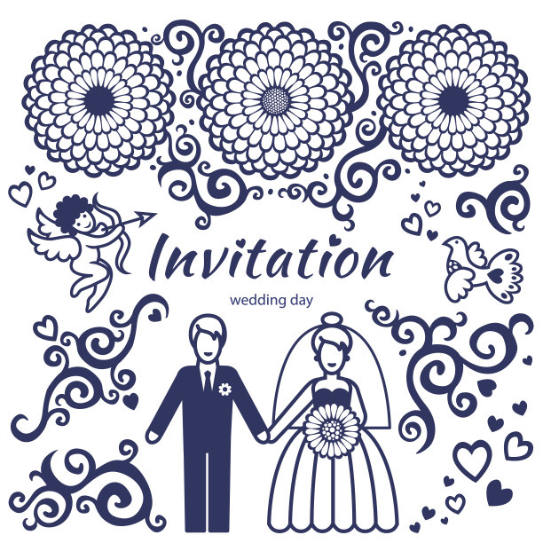 矢量设置的婚礼邀请与夫妇。图片下载
