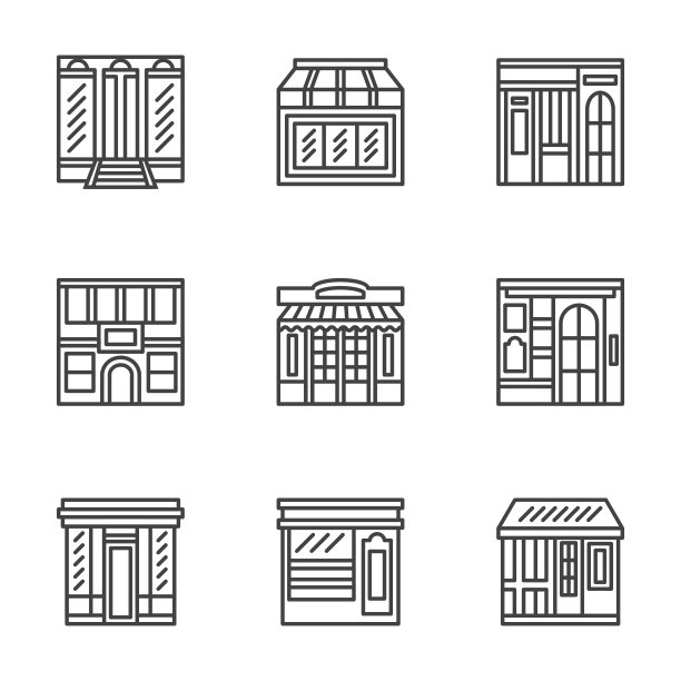 商店和咖啡馆正面平面线矢量图标图片下载