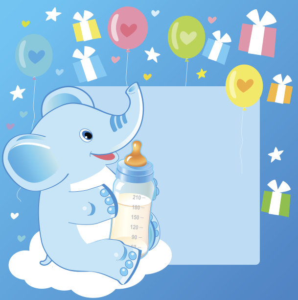 可爱的大象和奶瓶。欢迎小男孩卡片。图片下载
