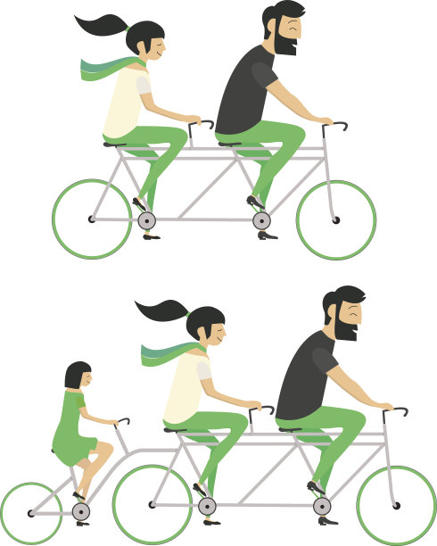 年轻夫妇和孩子骑自行车。图片下载