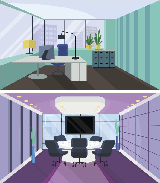 办公室内部为扁平风格。办公室的房间,会议室图片下载