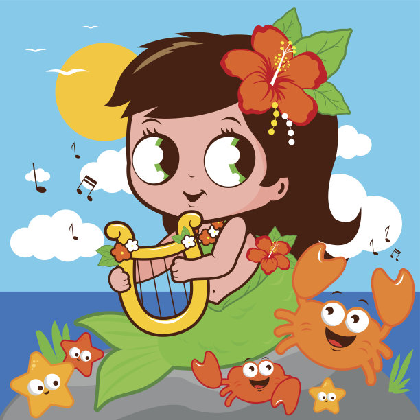 可爱的美人鱼在海边用她的竖琴演奏音乐图片下载