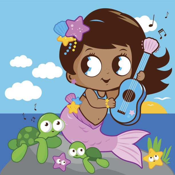 可爱的美人鱼在海边用她的吉他弹奏音乐图片下载