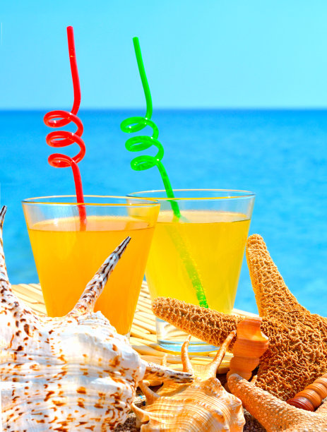海星，贝壳和两杯橙色鸡尾酒图片下载