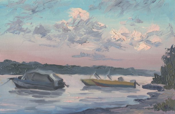 河上有船。晚上的风景。油画图片下载