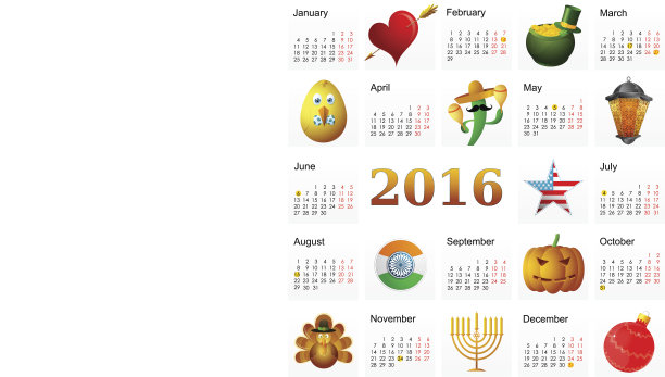 带有假日符号的2016年日历图片下载