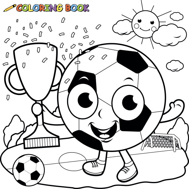 冠军卡通足球抱着奖杯涂色书页图片下载