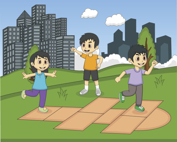 孩子们在卡通公园玩滑梯图片下载