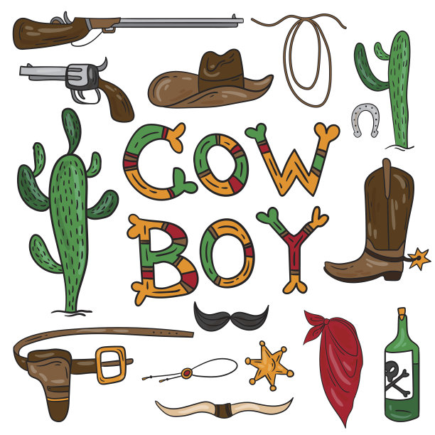 狂野西部的病媒收集，牛仔的东西孤立。手绘牛仔套装图片下载