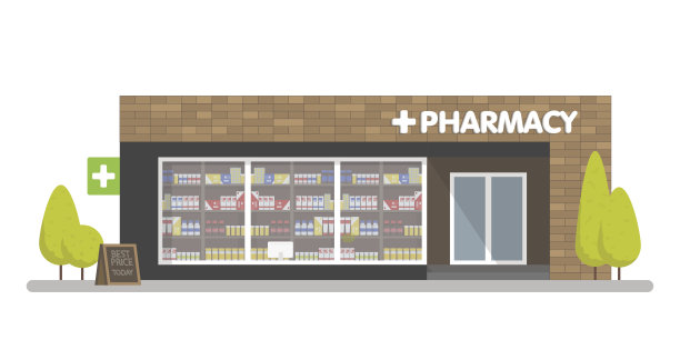 药店门面在城市空间中，出售药品和药丸图片下载