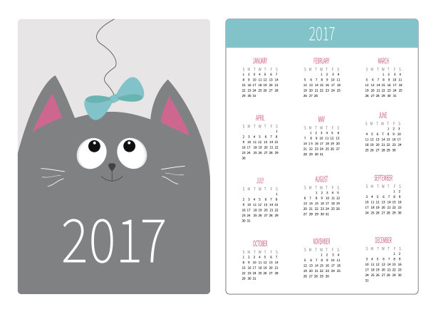 口袋日历2017年。灰猫小猫的头看着蓝色的蝴蝶结。图片下载