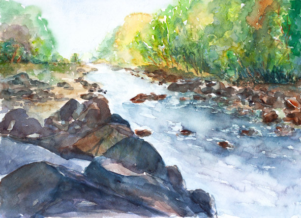 河景水彩画图片下载