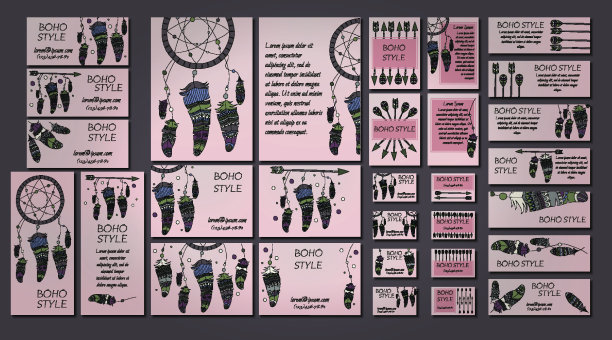 有弓箭，捕梦网，羽毛的种族飞行物。波西米亚设计手册模板。图片下载