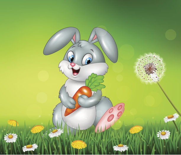 小兔子拿着胡萝卜在草地上图片下载
