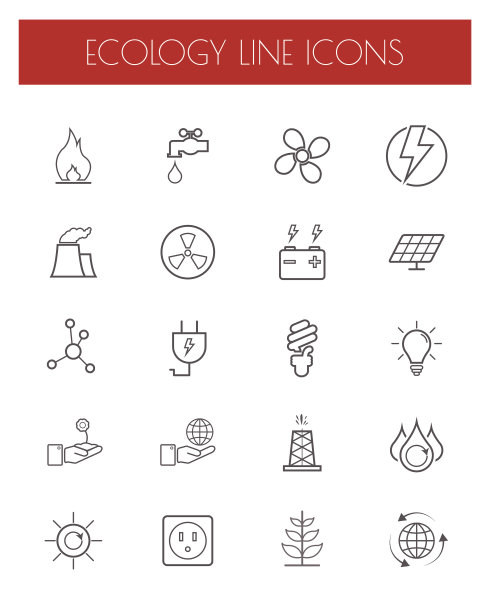 细线能源，电力和环境图标设置。矢量。图片下载