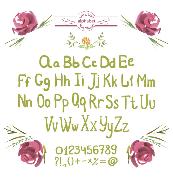 向量字母表。手绘绿色字母和鲜花图片下载