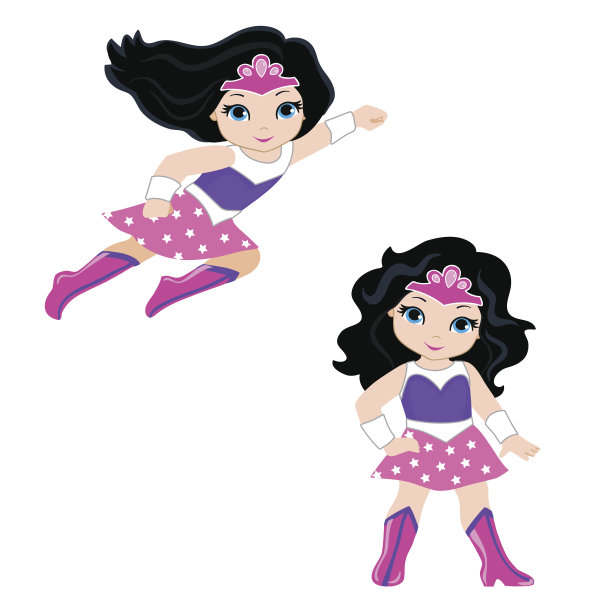 可爱的女孩超级英雄在飞行和站的位置图片下载