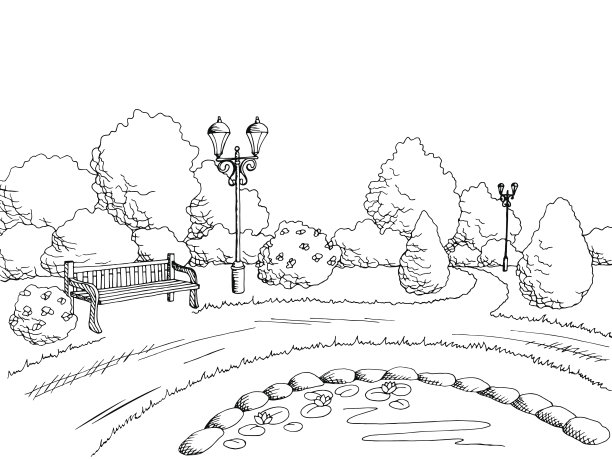 公园平面艺术黑白景观插画矢量图片下载