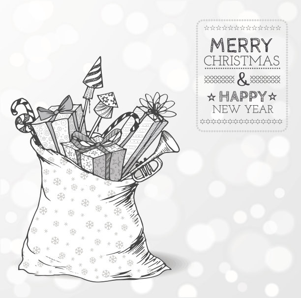 圣诞贺卡和装满礼物的麻袋图片下载