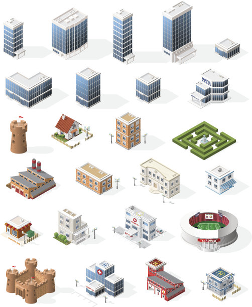 地图等距高质量城市元素集。图片下载