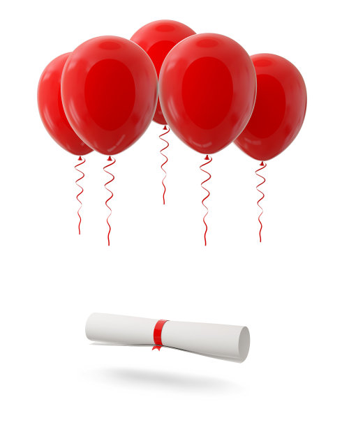 毕业证书用红丝带系在红气球上，孤立无间图片下载