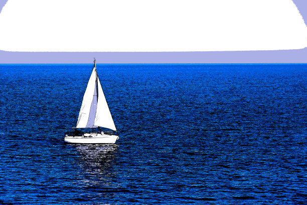 蓝色海洋上的白色帆船，卡通图片下载
