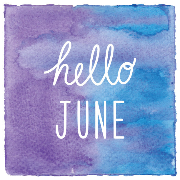 你好六月在蓝色和紫罗兰水彩背景图片下载