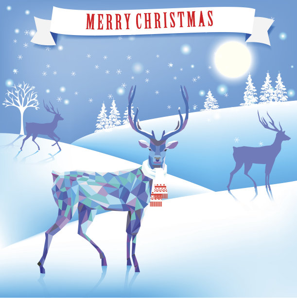 可爱的圣诞形象。鹿，冬天的风景，圣诞树图片下载