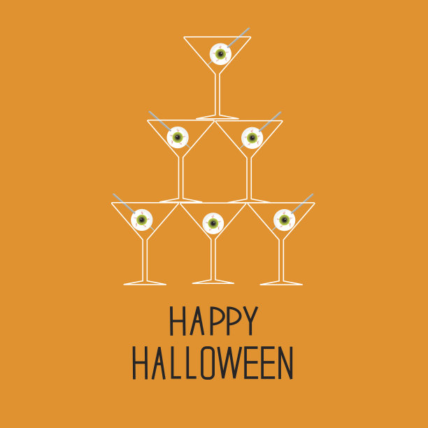 马提尼眼镜金字塔和眼球。万圣节快乐卡。图片下载