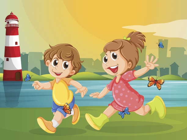 两个可爱的孩子和蝴蝶一起奔跑图片下载
