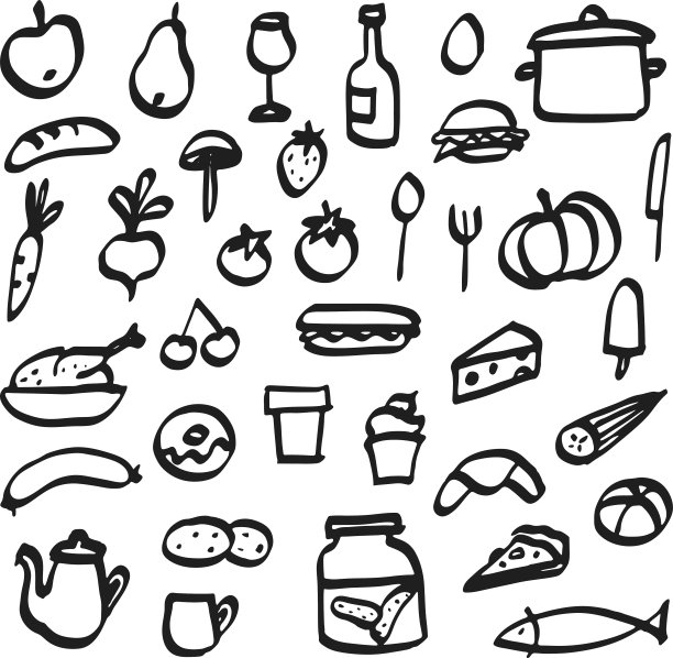 食物，饮料，厨房用具，矢量的一组涂鸦图标图片下载