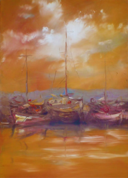 港口里停泊着小船，手工画图片下载