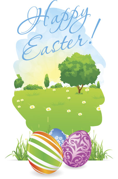 带有景观和装饰彩蛋的复活节卡片图片下载