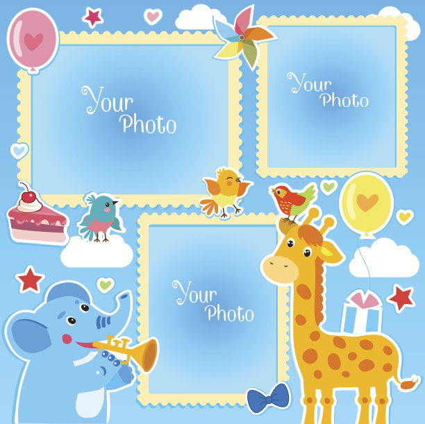 生日相框与长颈鹿和大象。图片下载