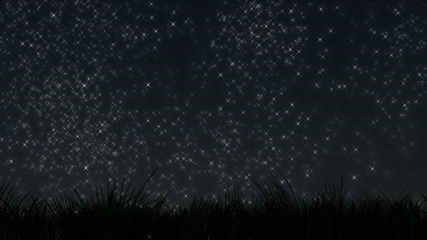 在郁郁葱葱的绿色草地上，闪烁的星星在黑暗的天空中划出一条条亮光图片下载