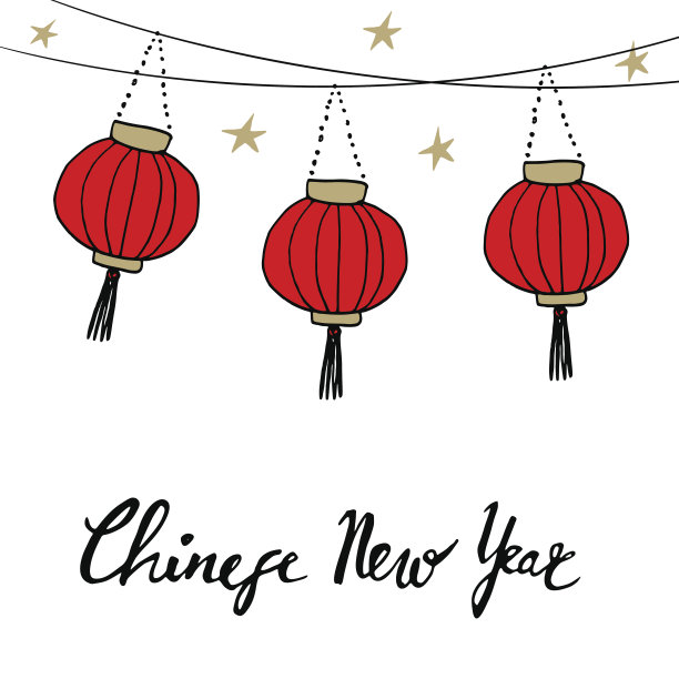 中国新年卡片与手绘纸灯笼，矢量图片下载