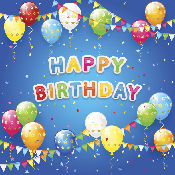 蓝色生日背景上的气球和五彩纸屑图片下载