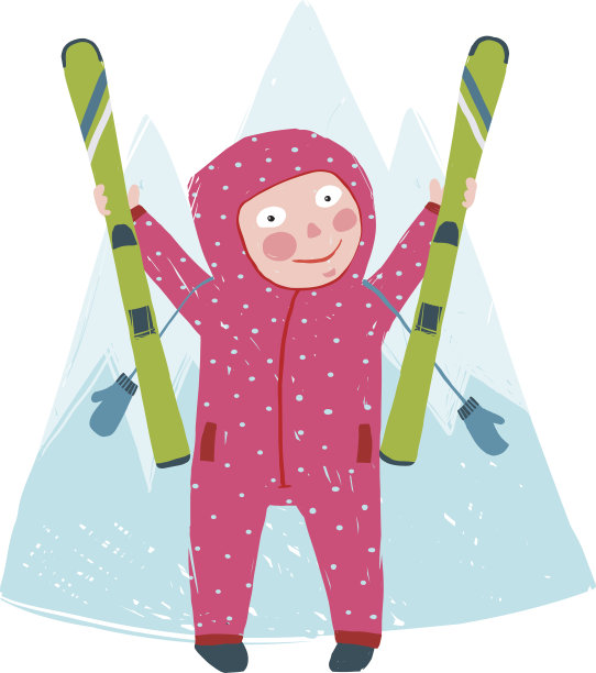 滑雪运动的孩子女孩在冬天的衣服与天空彩色图片下载