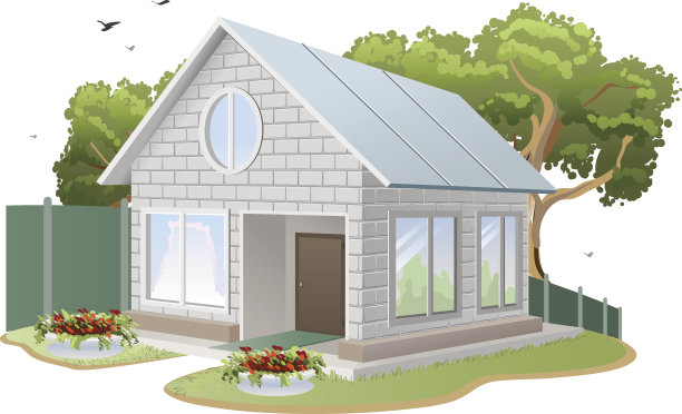 白色的砖房。乡村小屋，树木，花坛，篱笆图片下载