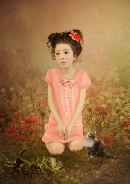 小女孩和小猫图片下载