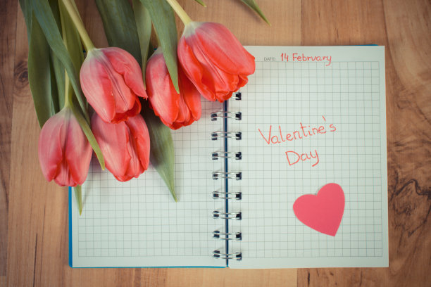在笔记本上写着情人节，新鲜的郁金香和一颗心图片下载