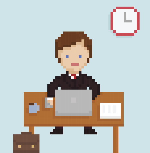 矢量像素艺术插画办公室的商人坐在笔记本电脑前图片下载