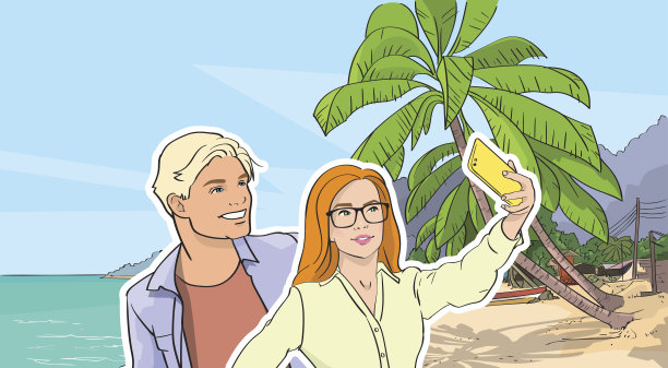 情侣自拍照片海滩海滩上的手机智能图片下载